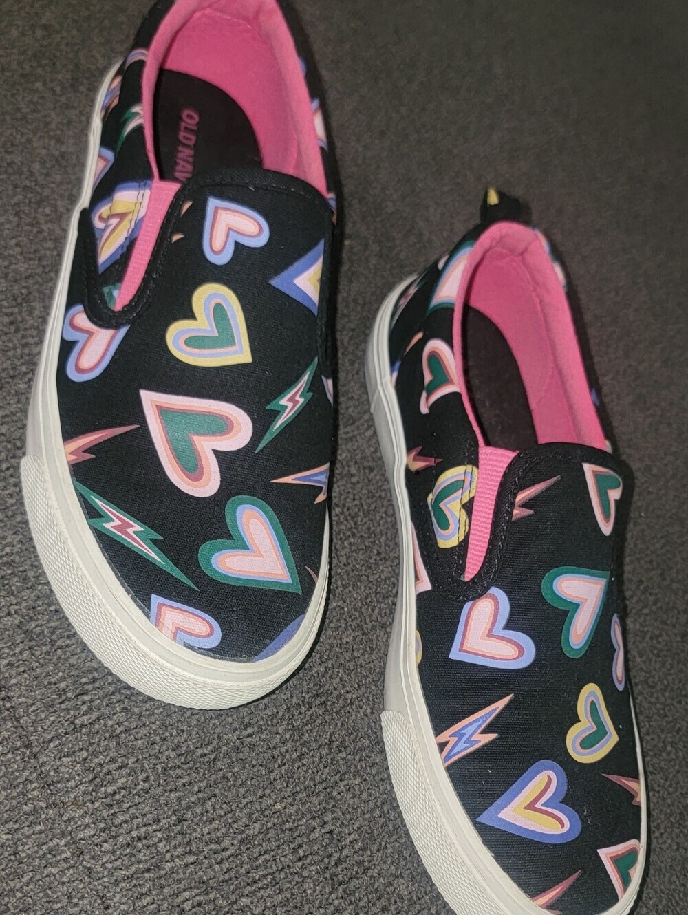 Old Navy Black Slip-On Sneakers with Multicolor Heart and Lightning Prints